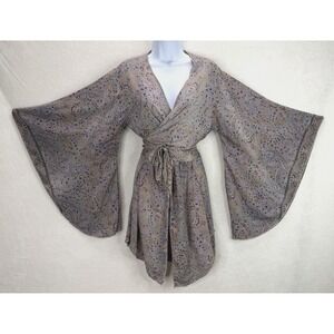 Karma Highway Paisley Tie Front Blouse Purple Boho Kimono Sleeve One Size